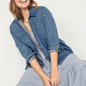 Oversized Denim Boyfriend Utility-Pocket Jean Shirt for Women - Size Small